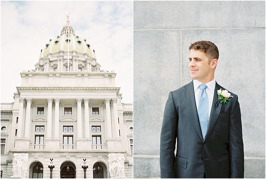 Groom with blue tie at Pennsylvania State Capitol Wedding