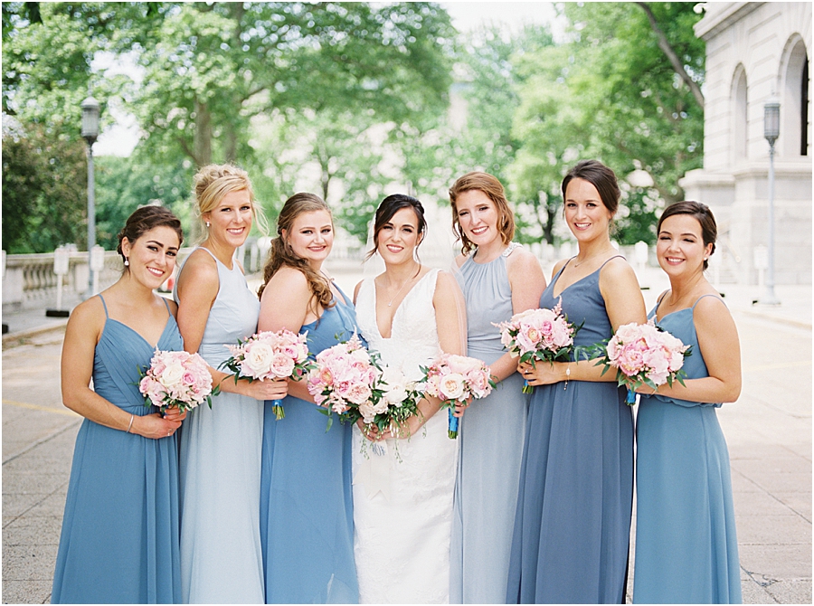 Bridesmaids with Dusty Blue dresses and peony bouquets at Pennsylvania State Capitol Wedding