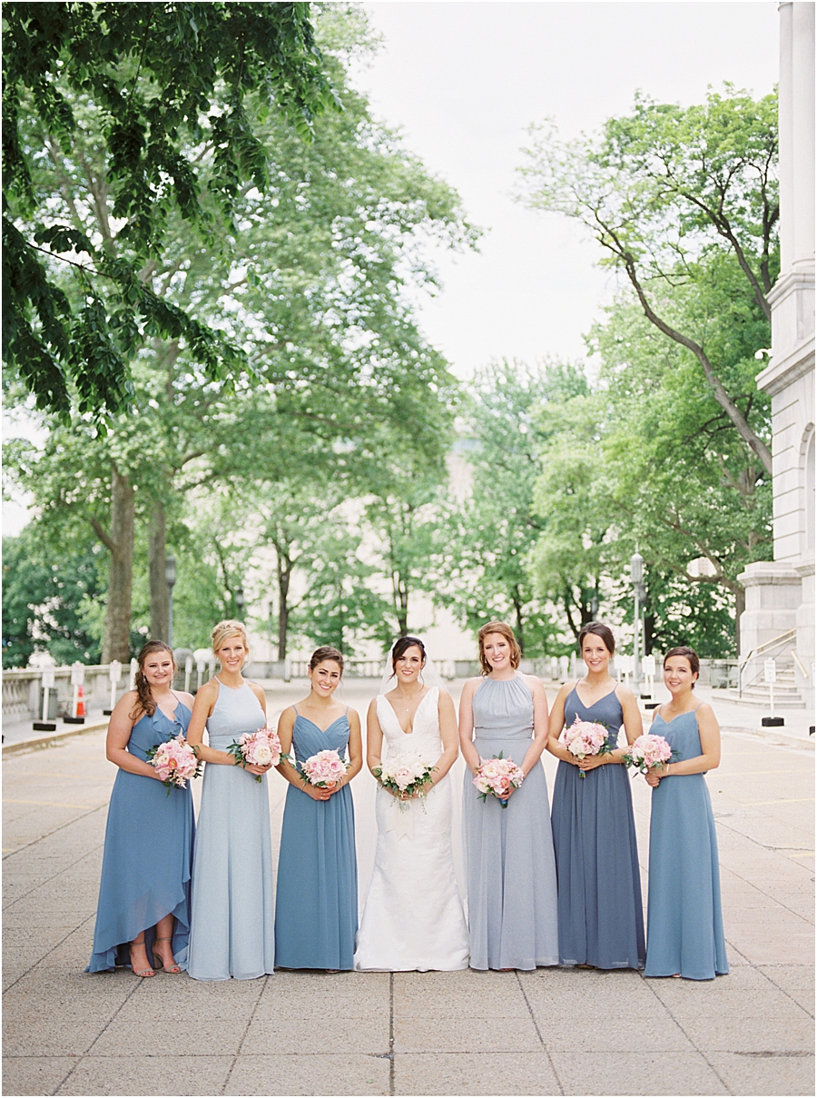 Bridesmaids with Dusty Blue dresses and peony bouquets at Pennsylvania State Capitol Wedding