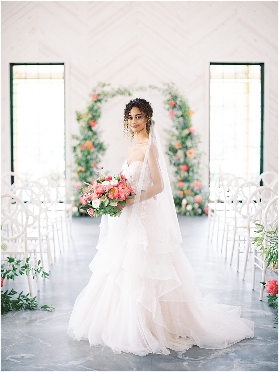 Pink wedding gown and peony bouquet, Board and Batten Events Wedding, Modern Barn Inspiration by Hillary Muelleck