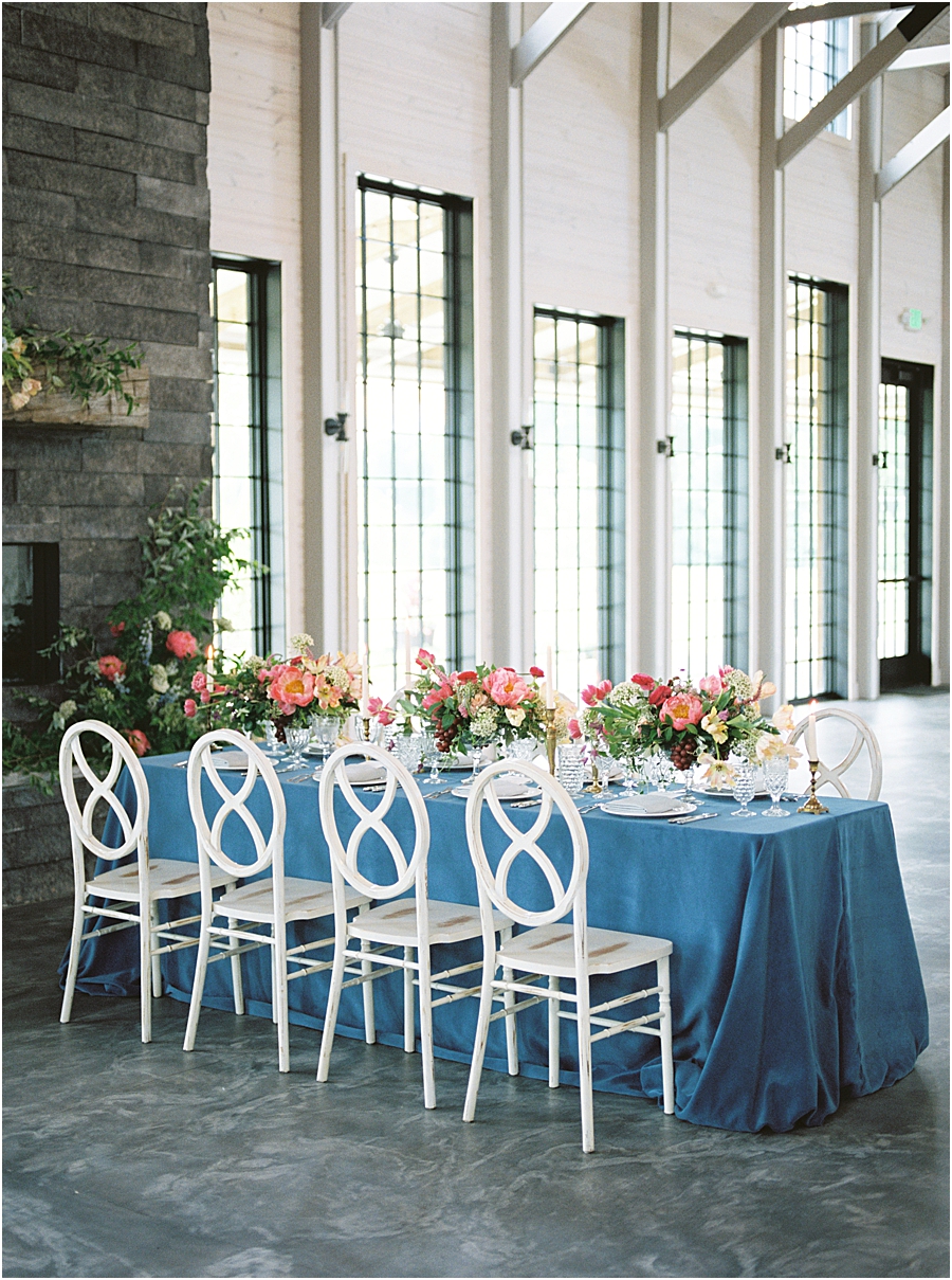 Pink and velvet blue reception at Board and Batten Events Wedding, Modern Barn Inspiration by Hillary Muelleck
