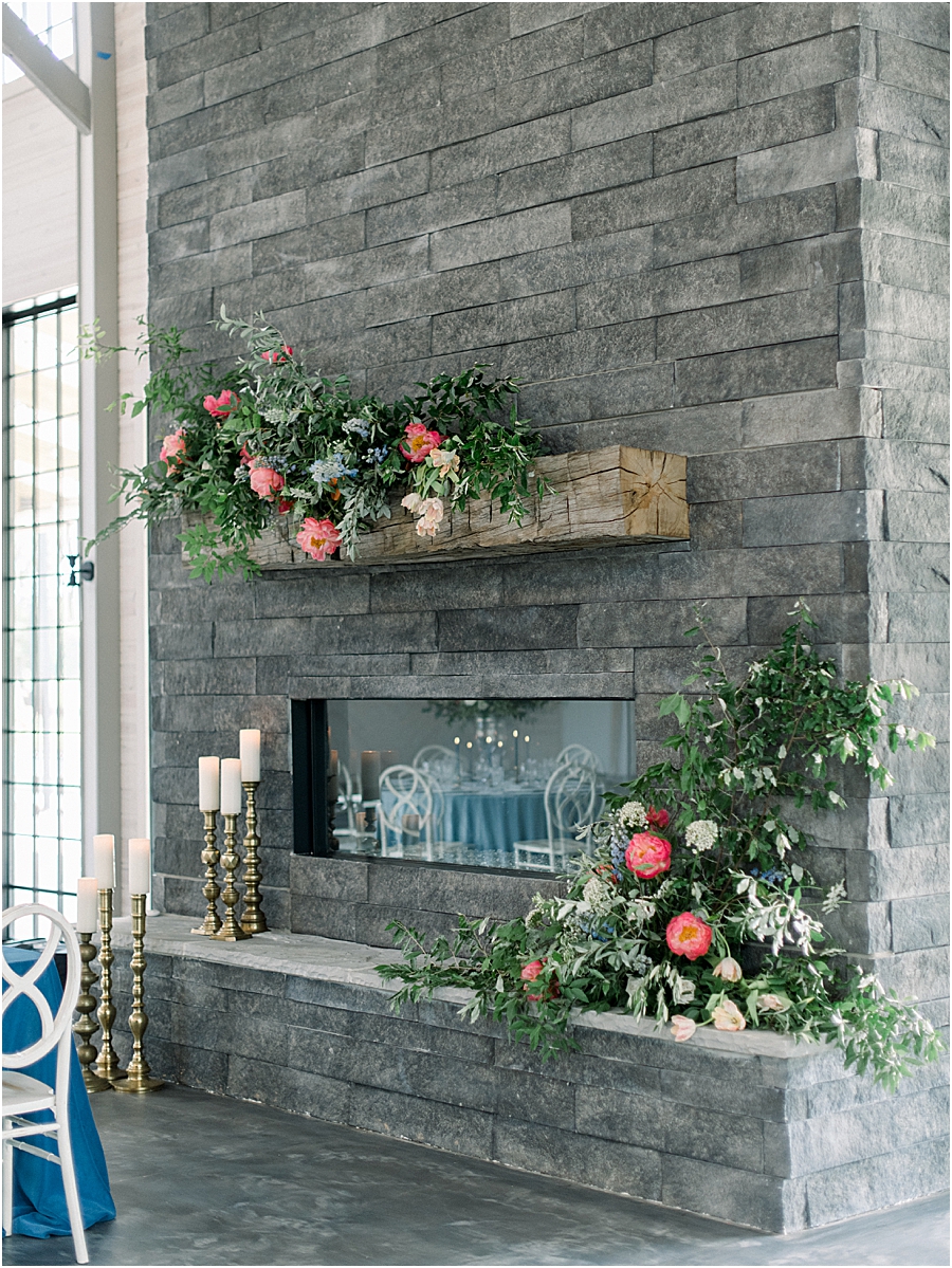Floral Fireplace at Reception, Board and Batten Events Wedding, Modern Barn Inspiration by Hillary Muelleck