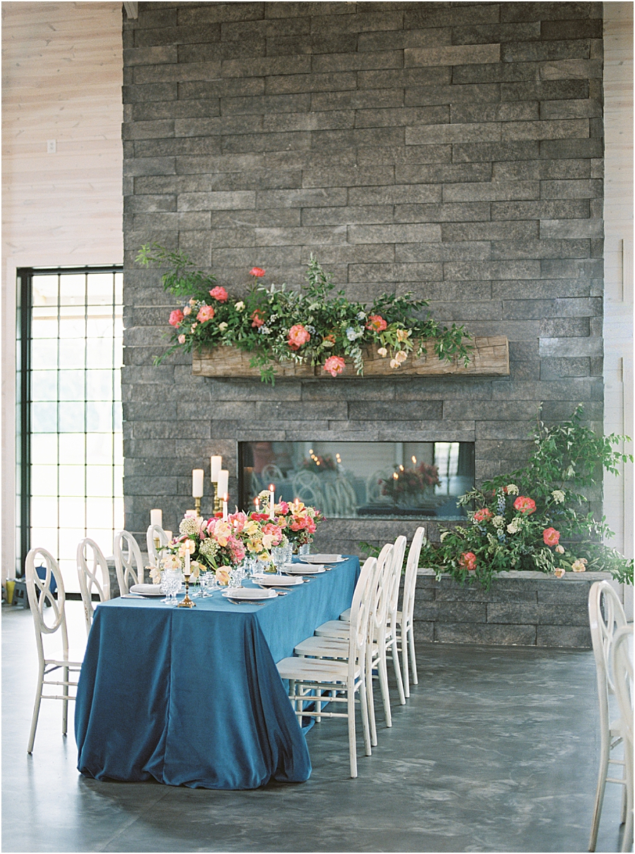 Pink and velvet blue reception at Board and Batten Events Wedding, Modern Barn Inspiration by Hillary Muelleck