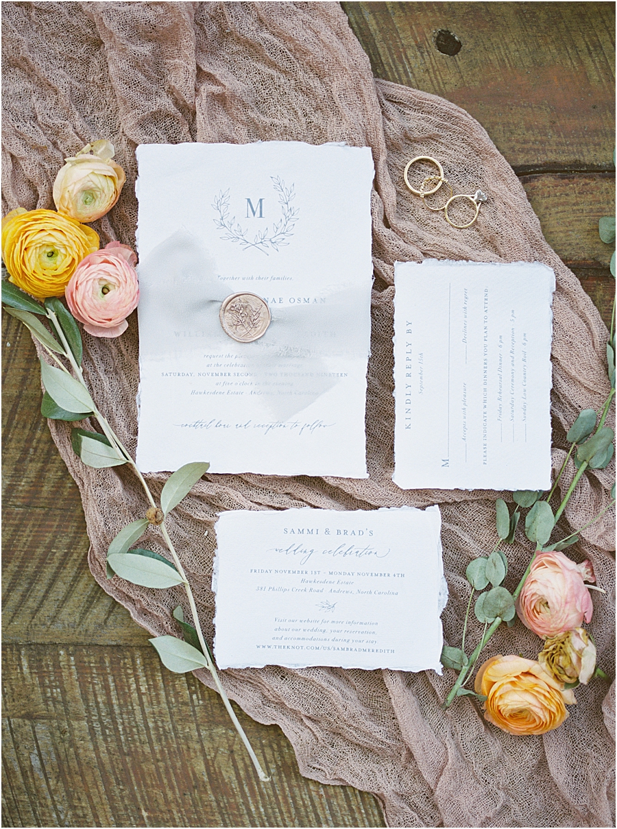 Vintage Wedding Invitation Suite with torn edges and wax seal- North Carolina Wedding Venue Hawkesdene in the Fall by Hillary Muelleck