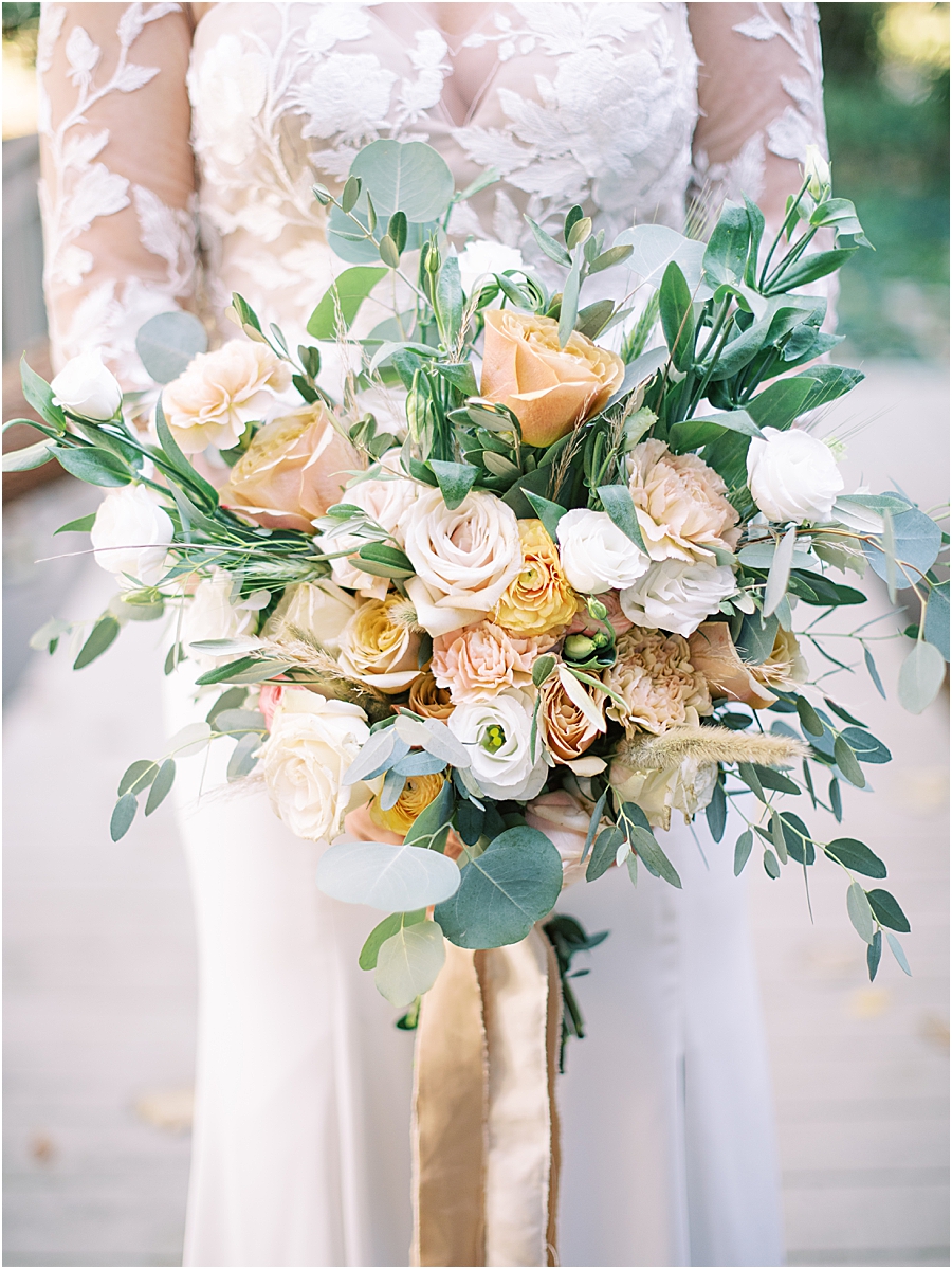 Gold toned wedding bouquet- North Carolina Wedding Venue Hawkesdene in the Fall by Hillary Muelleck