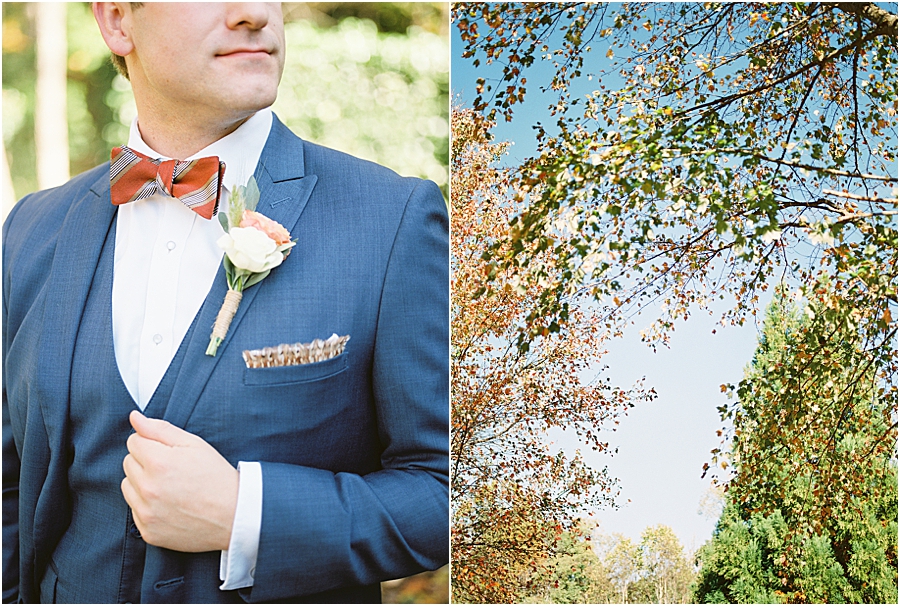 Groom blue suit and orange bowtie- North Carolina Wedding Venue Hawkesdene in the Fall by Hillary Muelleck