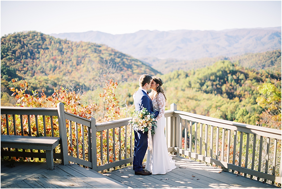 Bride and groom in mountains- North Carolina Wedding Venue Hawkesdene in the Fall by Hillary Muelleck