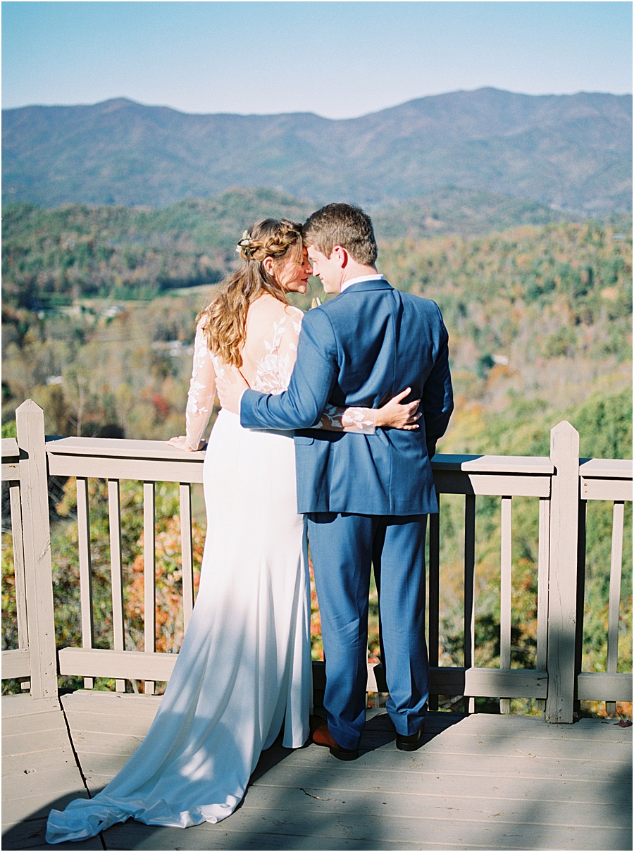 Bride and Groom in Carolina Mountains- North Carolina Wedding Venue Hawkesdene in the Fall by Hillary Muelleck