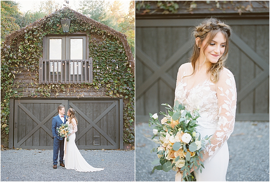 Bride and groom- North Carolina Wedding Venue Hawkesdene in the Fall by Hillary Muelleck