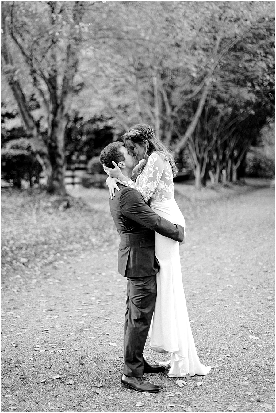 Bride and groom black and white photo- North Carolina Wedding Venue Hawkesdene in the Fall by Hillary Muelleck