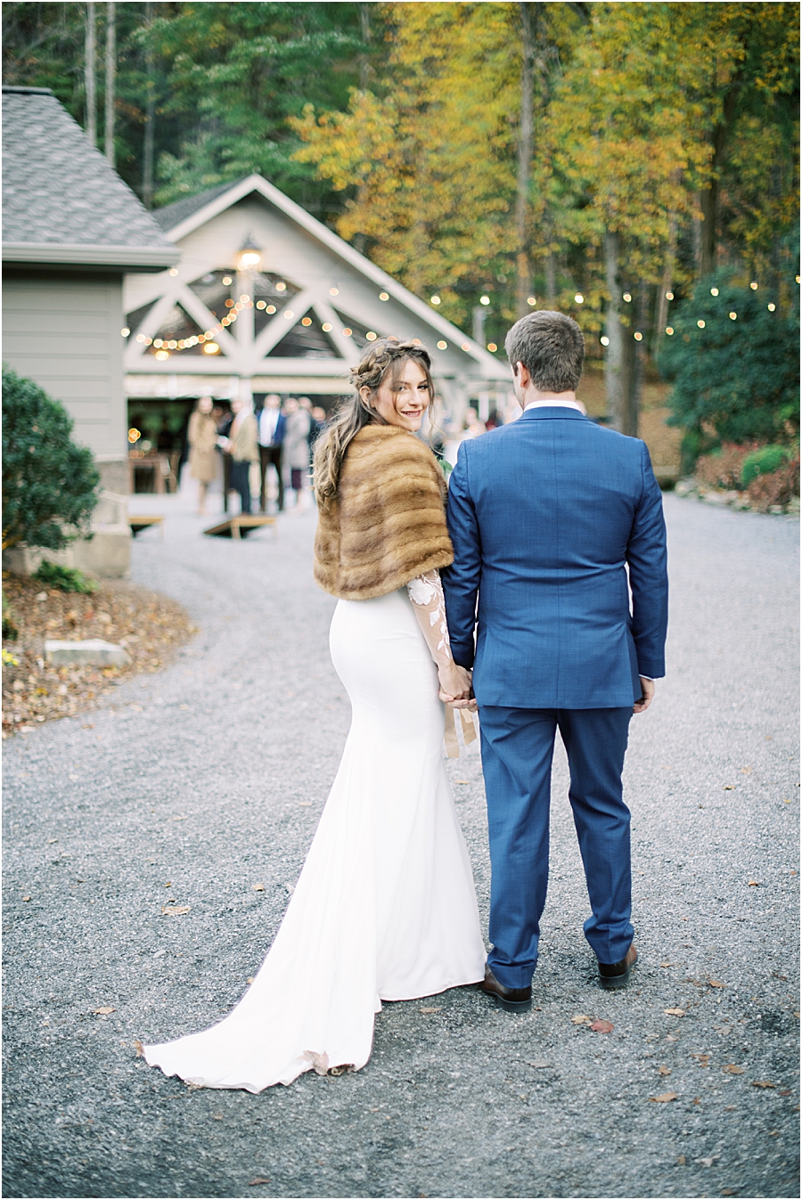 Bride fur shawl- North Carolina Wedding Venue Hawkesdene in the Fall by Hillary Muelleck