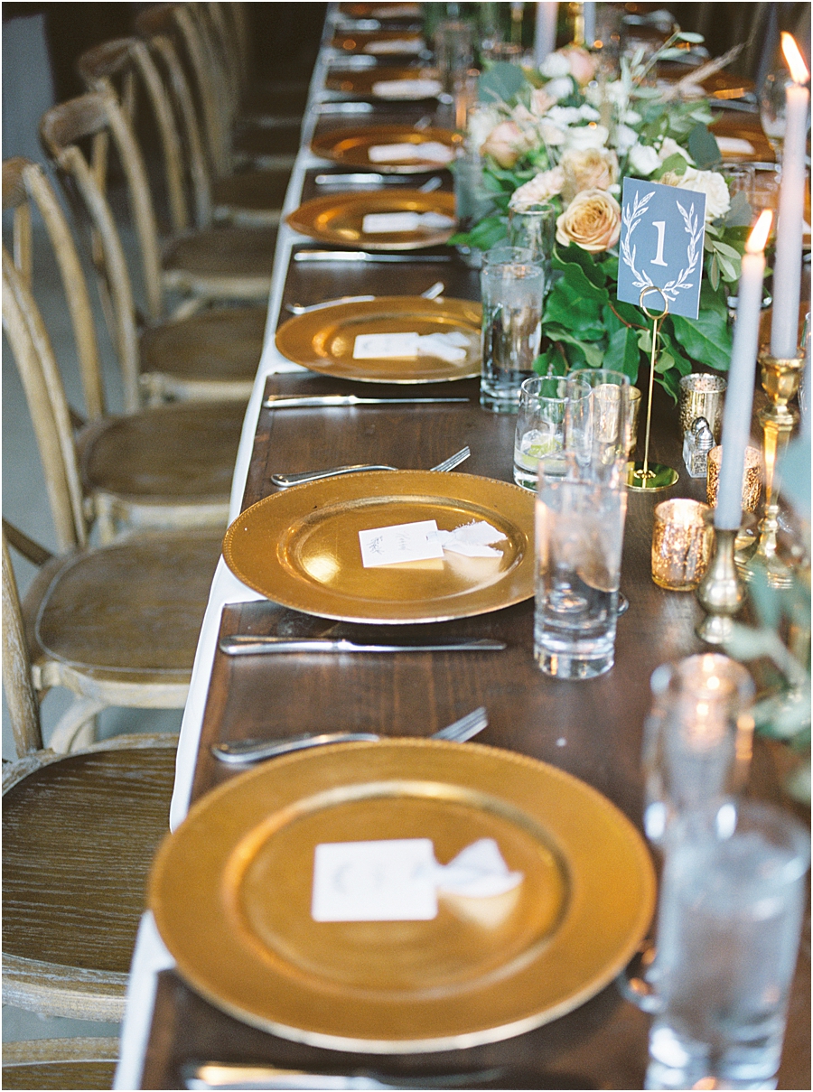 Reception gold chargers- North Carolina Wedding Venue Hawkesdene in the Fall by Hillary Muelleck